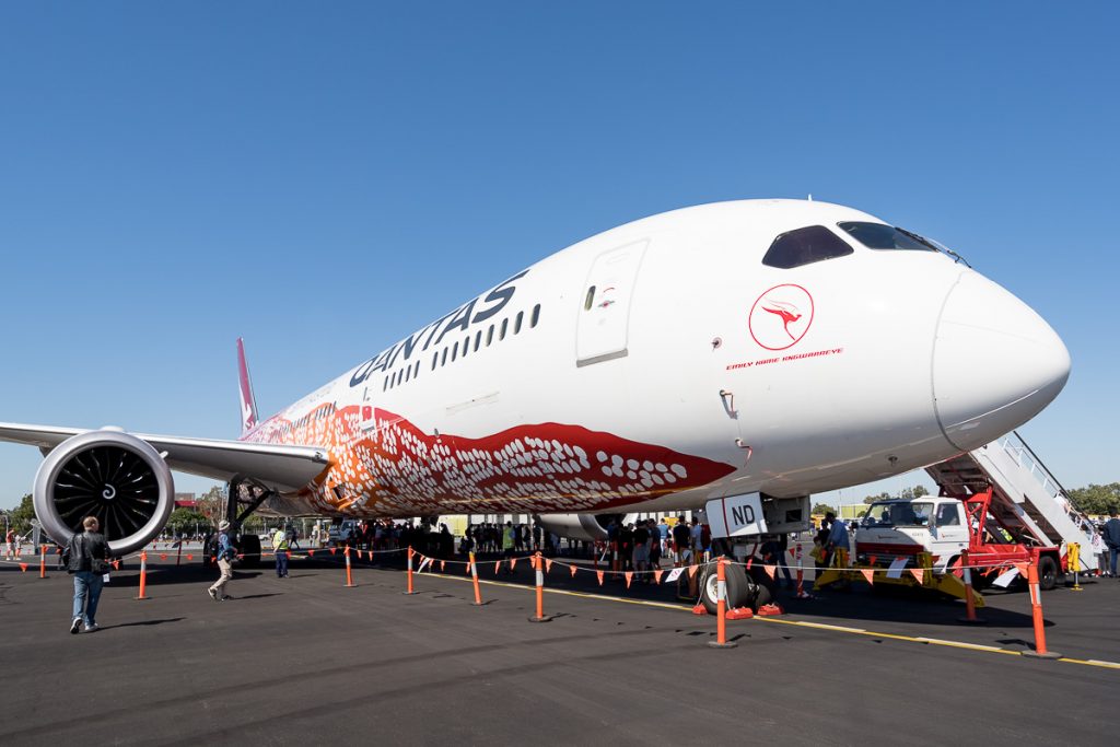 QANTAS Boeing 787-9 Dreamliner VH-ZND "Emily Kame Kngwarreye" (Yam Dreaming livery) on display at Aviation Expo 2019.