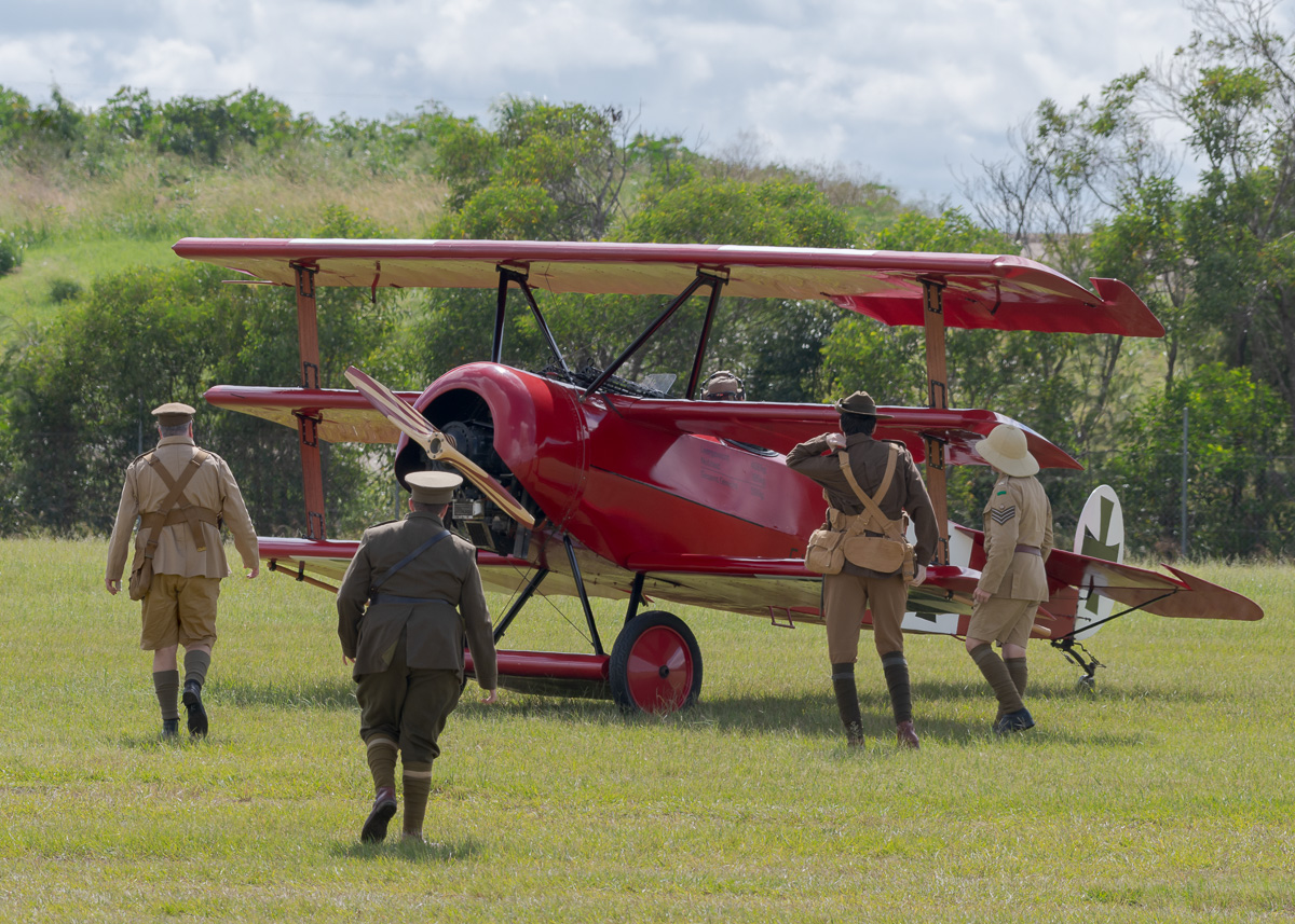 Re-enactment of the capture of the Red Baron's Fokker DR.1 Triplane VH-FXP at TAVAS GWFD 2018.