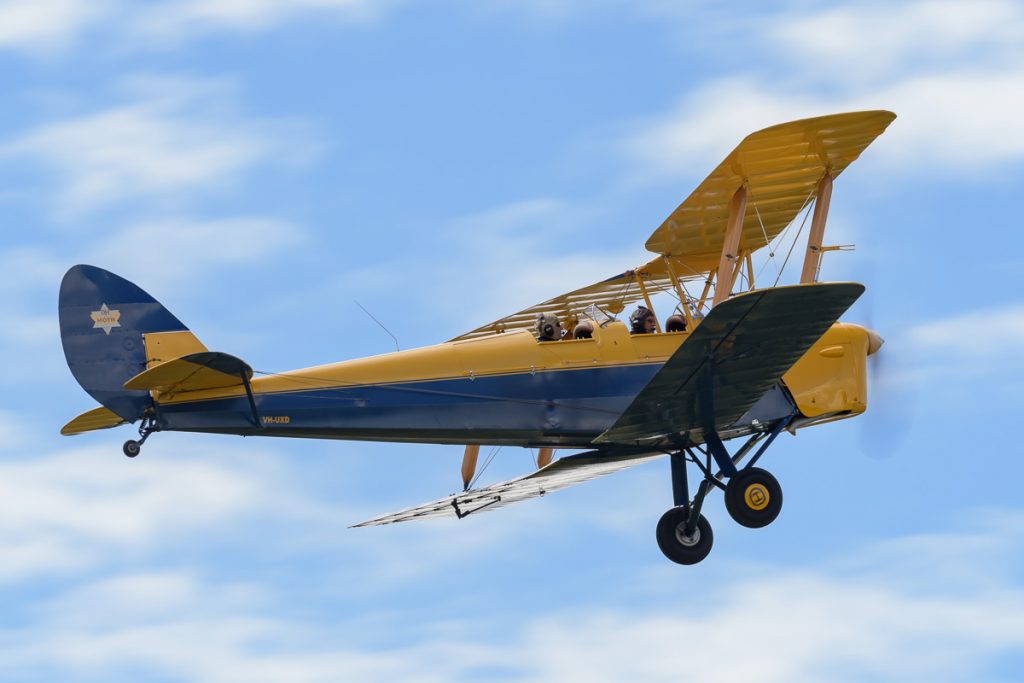 De Havilland DH.82A Tiger Moth VH-UXD in flight at TAVAS GWFD 2018.