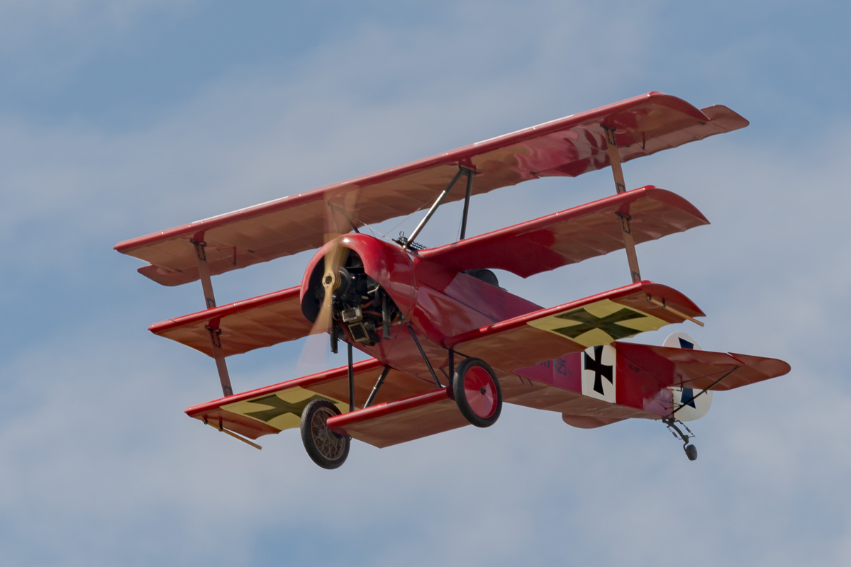 Fokker DR.1 Triplane VH-FXP in flight at TAVAS GWFD 2018.