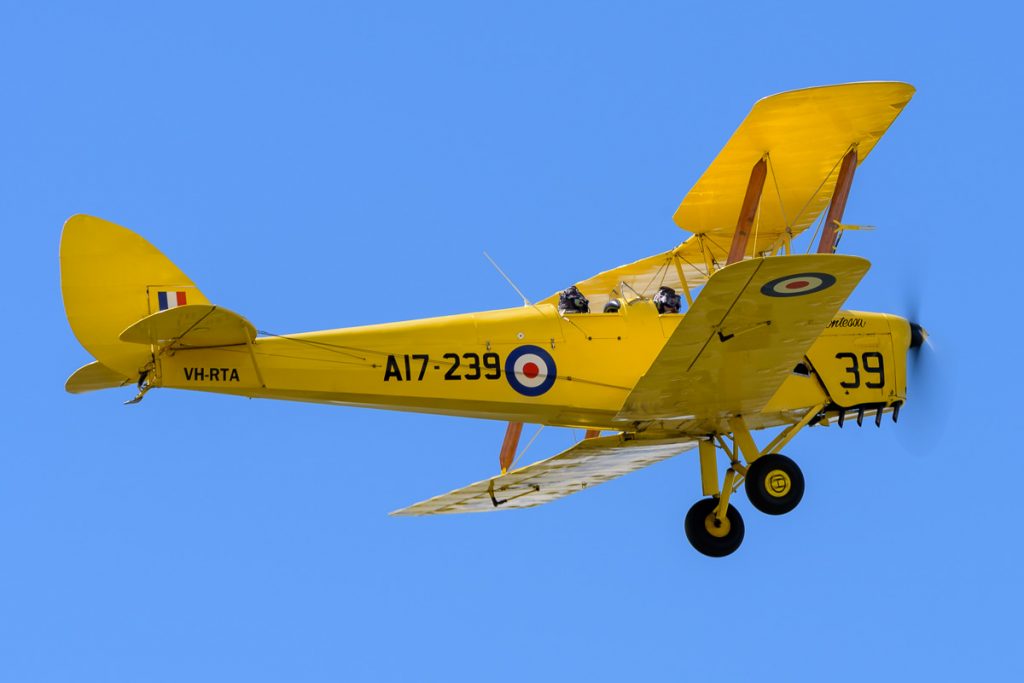 De Havilland DH.82A Tiger Moth VH-RTA in flight at TAVAS GWFD 2018.
