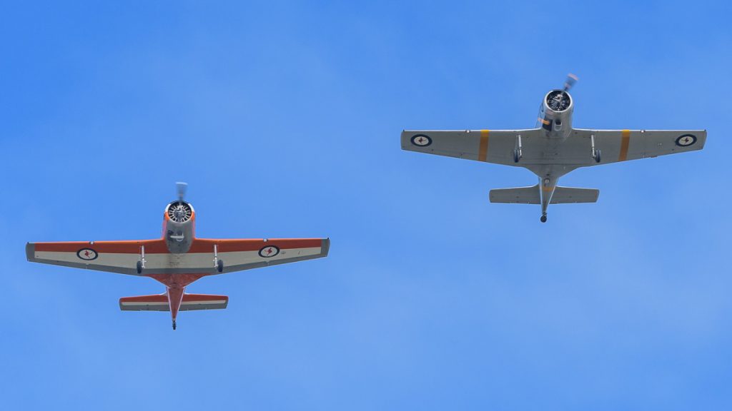 CAC CA-25 Winjeels VH-NSJ and VH-WIJ in formation flight at TAVAS GWFD 2018. Caboolture Airfield, Caboolture, Queensland, Australia.