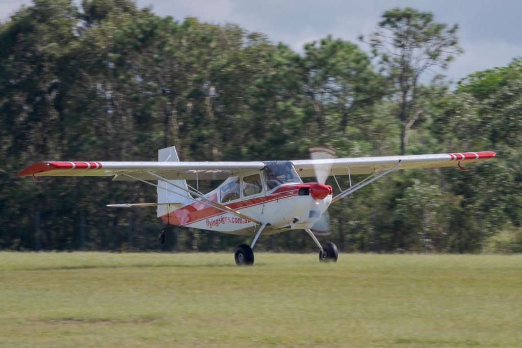 American Champion 8GCBC Scout VH-CFZ landing at TAVAS GWFD 2018.