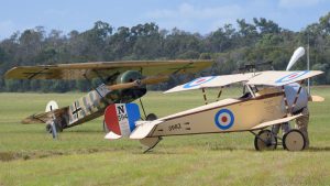 Fokker D.VIII Flying Razor VH-EIZ and Nieuport 11 scale replica 19-3982 on static display at TAVAS GWFD 2018.