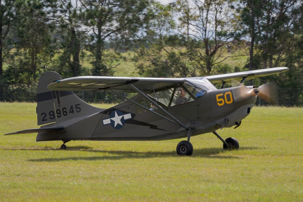 Stinson L-5B Sentinel VH-CRO taxiing at TAVAS GWFD 2018.