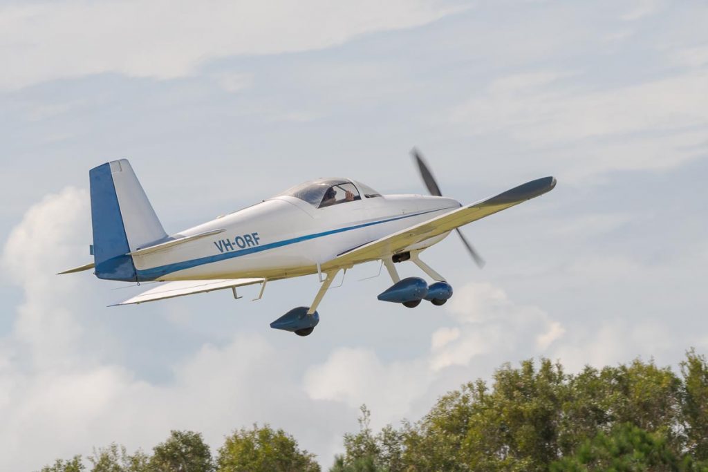 Van's Aircraft RV-7A VH-ORF clmbing after takeoff at TAVAS GWFD 2018.