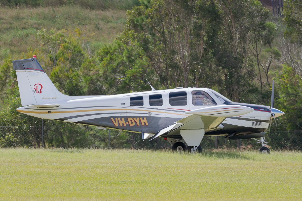 Beechcraft G36 Bonanza VH-DYH landing at TAVAS GWFD 2018.