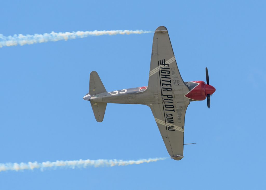 Yakovlev Yak-3UPW VH-YOV performing aerobatic display at TAVAS GWFD 2018.