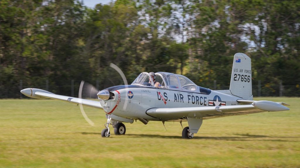 Beechcraft T-34A Mentor VH-XUS taxiing for takeoff during TAVAS GWFD 2018.