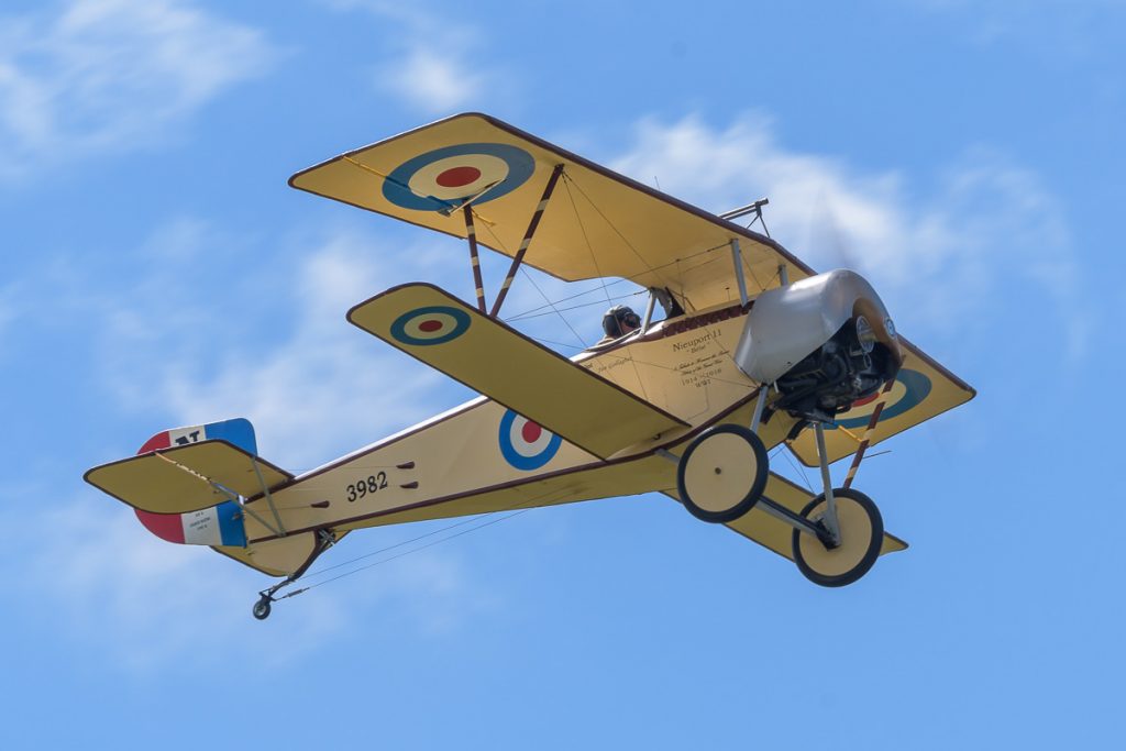 Nieuport 11 7/8 scale replica 19-3982 climbing after takeoff at TAVAS GWFD 2018.