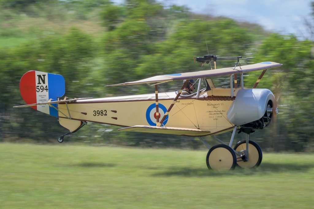 Nieuport 11 7/8 scale replica 19-3982 taking off at TAVAS GWFD 2018.