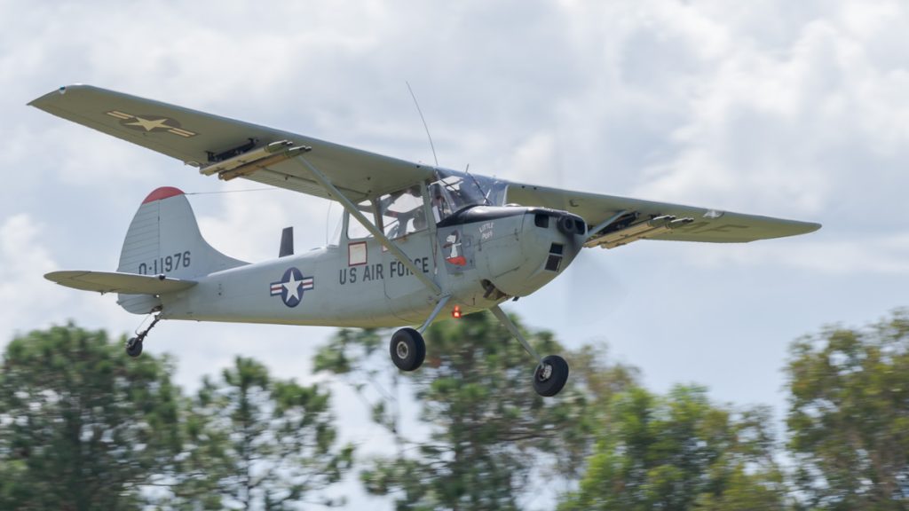 Cessna O-1G Bird Dog VH-XVB "Little Puff" taking off at TAVAS GWFD 2018.