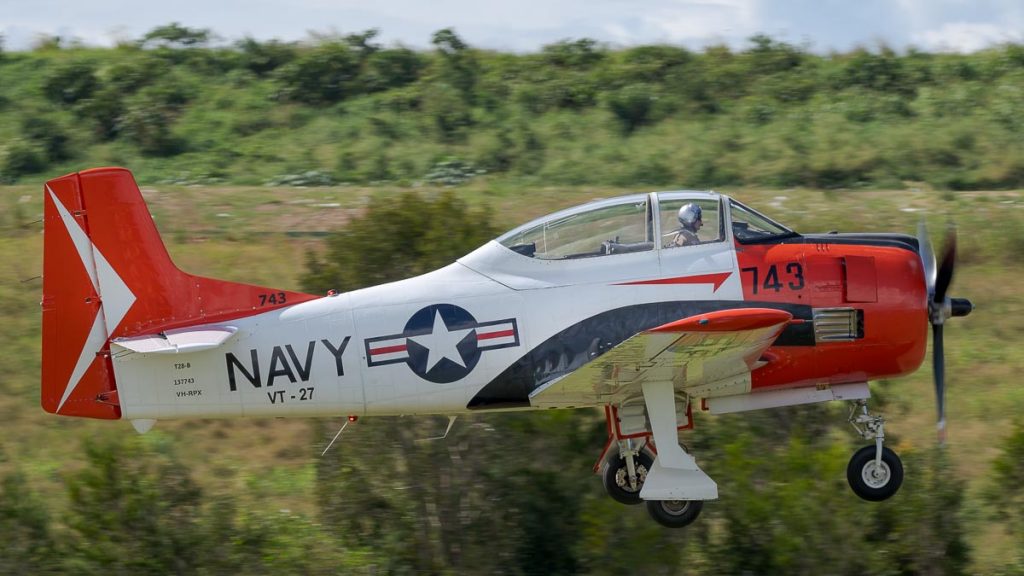 North American T-28B Trojan VH-RPX "Miss Stress" climbing after takeoff during TAVAS GWFD 2018.