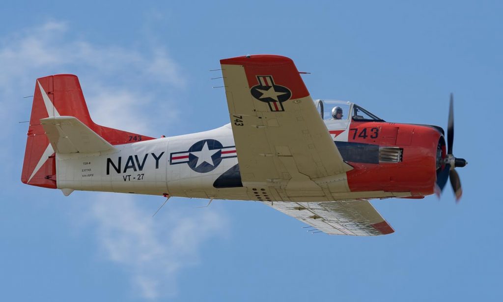 North American T-28B Trojan VH-RPX "Miss Stress" in flight during TAVAS GWFD 2018.