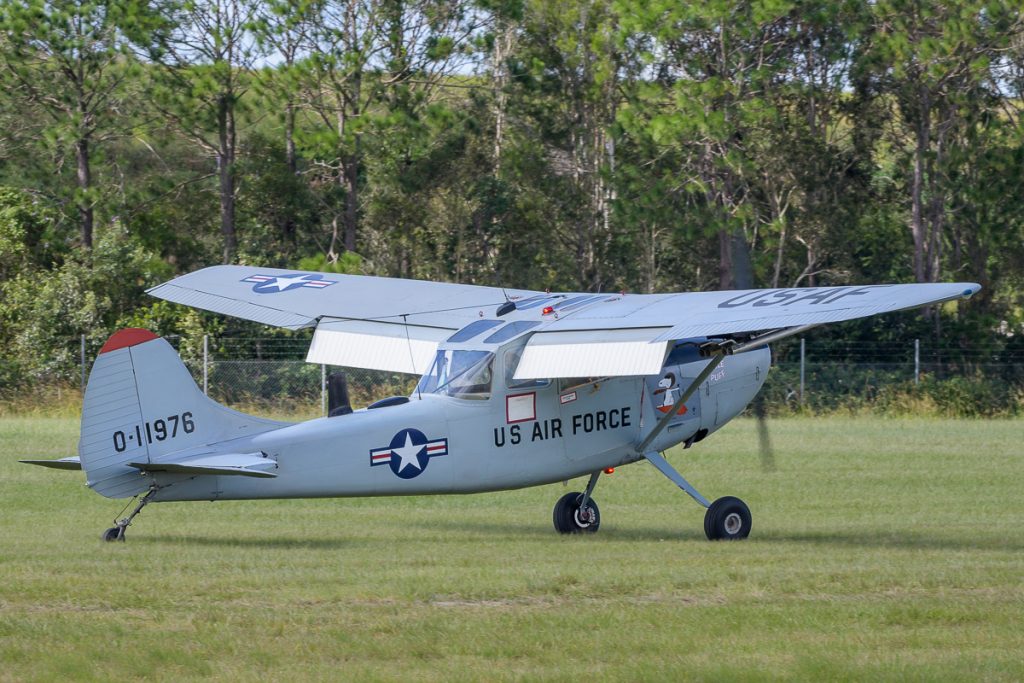 Cessna O-1G Bird Dog VH-XVB "Little Puff" landing at TAVAS GWFD 2018.