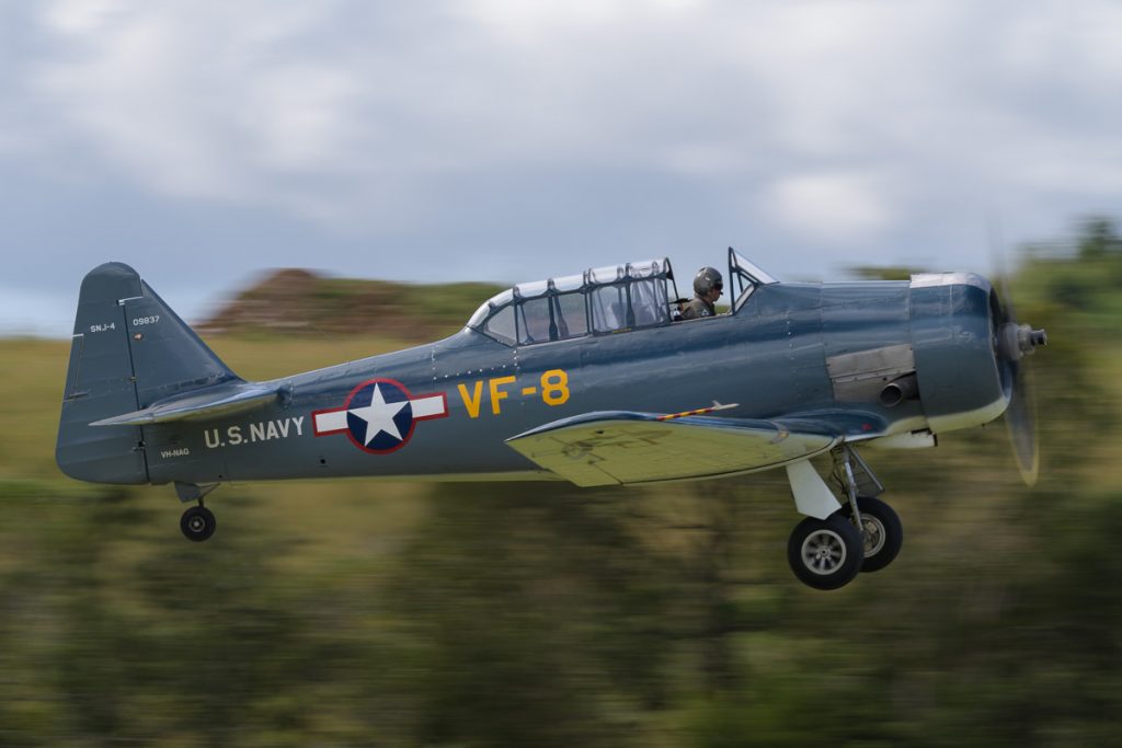 North American SNJ-4 Texan VH-NAG taking off at TAVAS GWFD 2018.