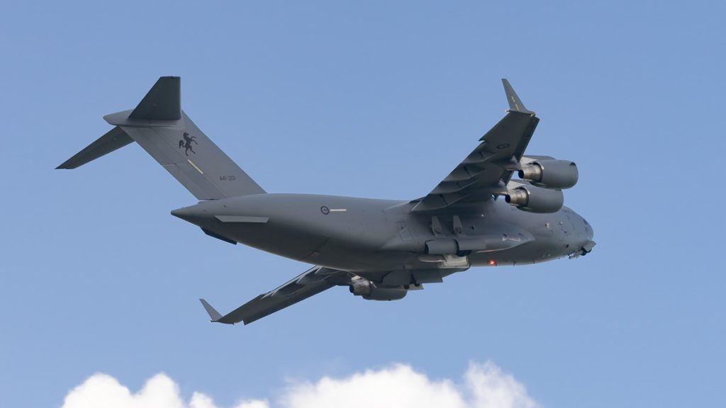 RAAF Boeing C-17A Globemaster A41-213 of RAAF 36SQN performing a flyover during its display at TAVAS GWFD 2018 airshow.