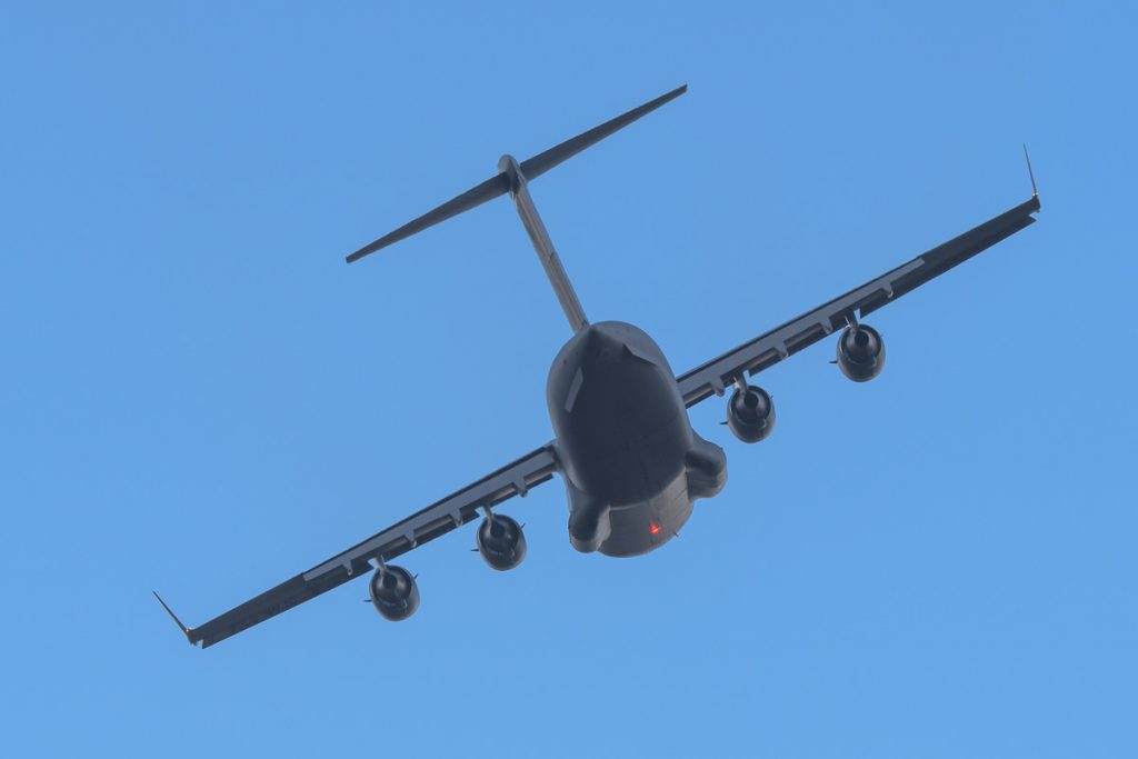 RAAF Boeing C-17A Globemaster A41-213 of RAAF 36SQN performing a flyover during its display at TAVAS GWFD 2018 airshow.