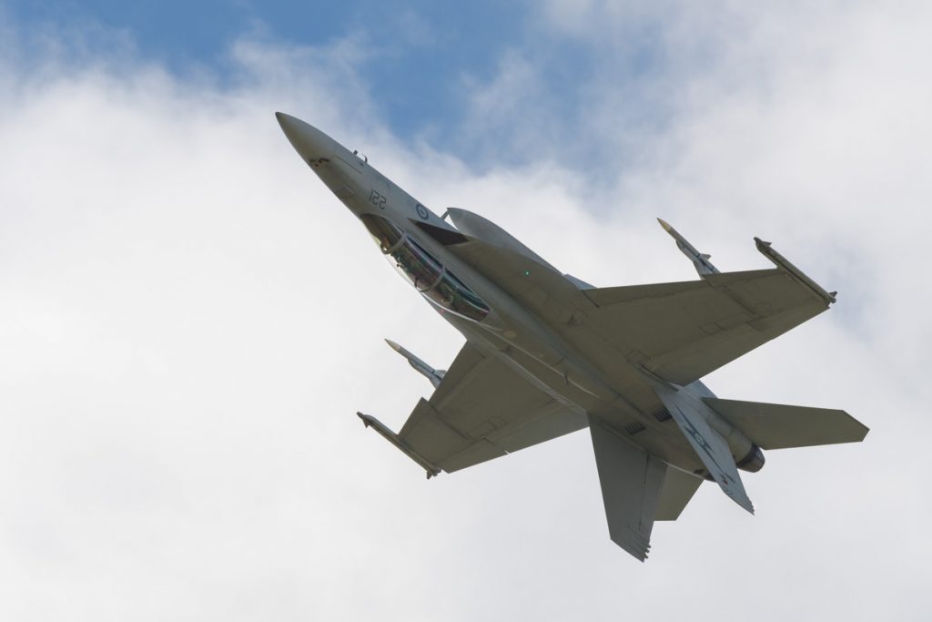 Boeing F/A-18F Super Hornet A44-221 of 1SQN RAAF performing an inverted pass during its flying display at TAVAS GWFD 2018.
