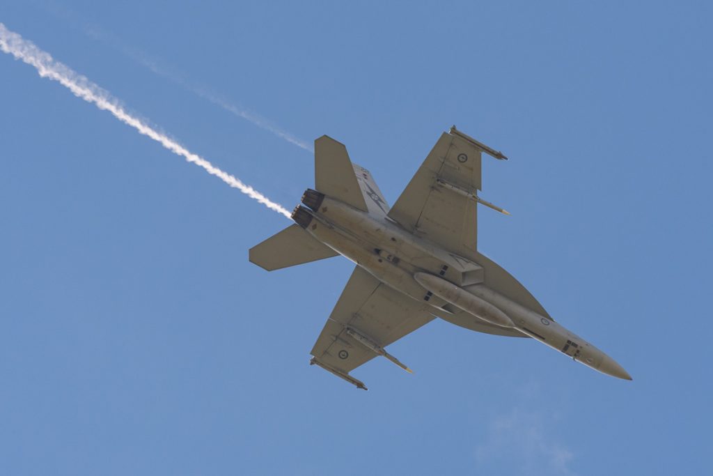 Boeing F/A-18F Super Hornet A44-221 of 1SQN RAAF performing its flying display at TAVAS GWFD 2018.