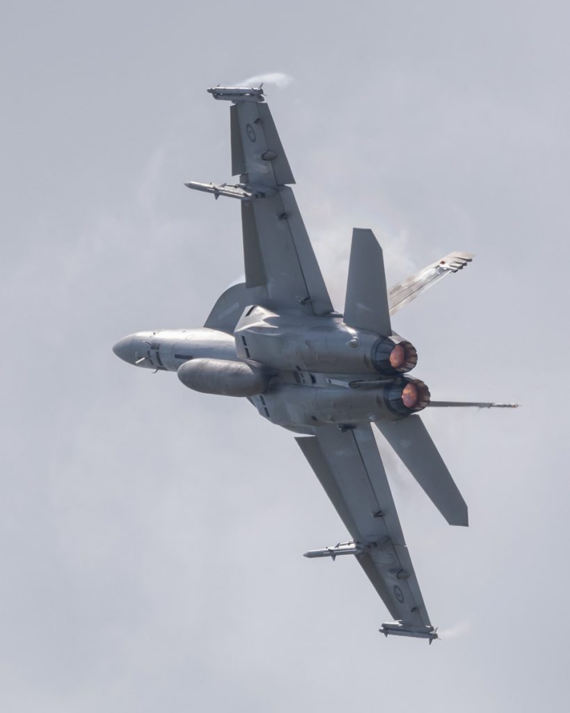 Boeing F/A-18F Super Hornet A44-221 of 1SQN RAAF performing its flying display at TAVAS GWFD 2018.