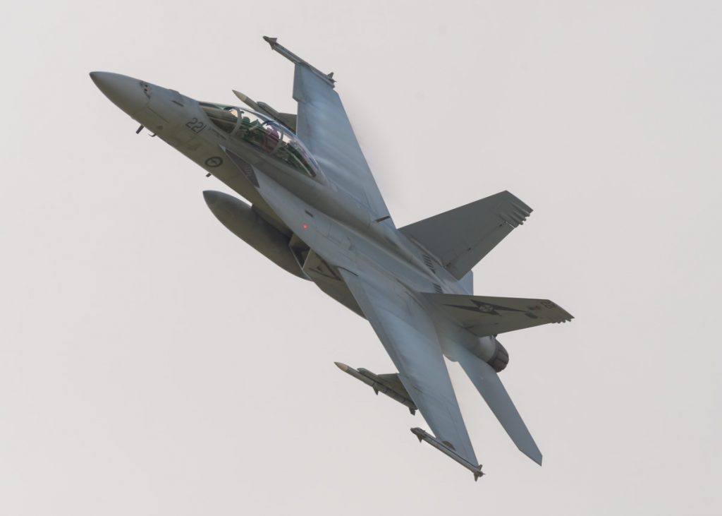 Boeing F/A-18F Super Hornet A44-221 of 1SQN RAAF performing its flying display at TAVAS GWFD 2018.