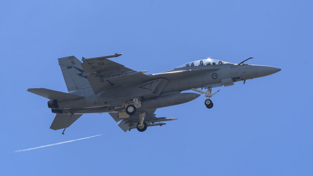 Boeing F/A-18F Super Hornet A44-221 of 1SQN RAAF performing its flying display at TAVAS GWFD 2018