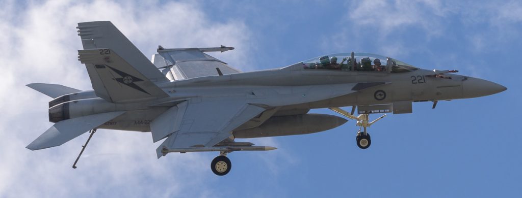 Boeing F/A-18F Super Hornet A44-221 of 1SQN RAAF performing its flying display at TAVAS GWFD 2018.