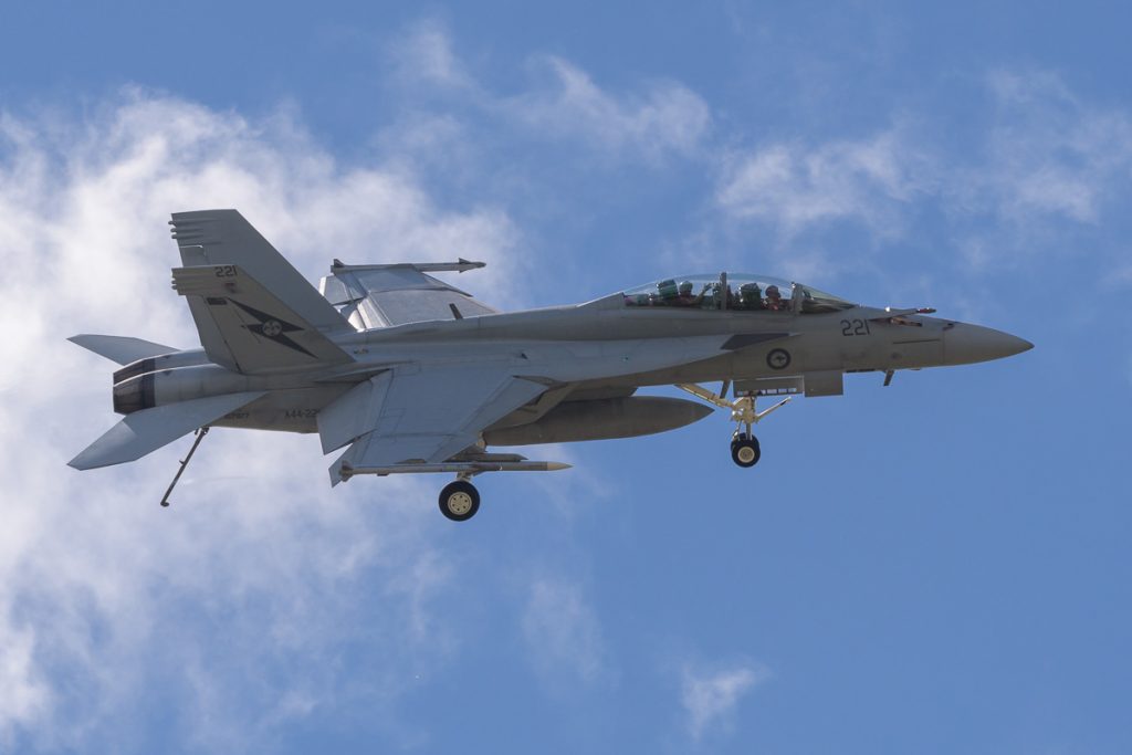 Boeing F/A-18F Super Hornet A44-221 of 1SQN RAAF performing its flying display at TAVAS GWFD 2018.