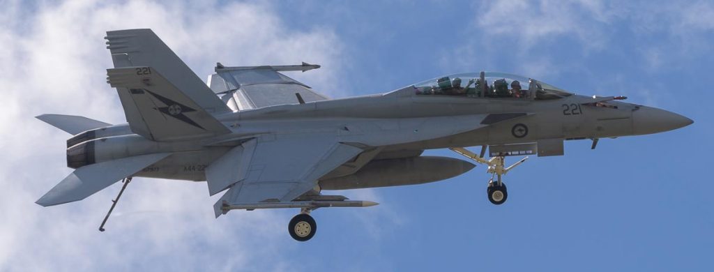 Boeing F/A-18F Super Hornet A44-221 of 1SQN RAAF performing its flying display at TAVAS GWFD 2018.