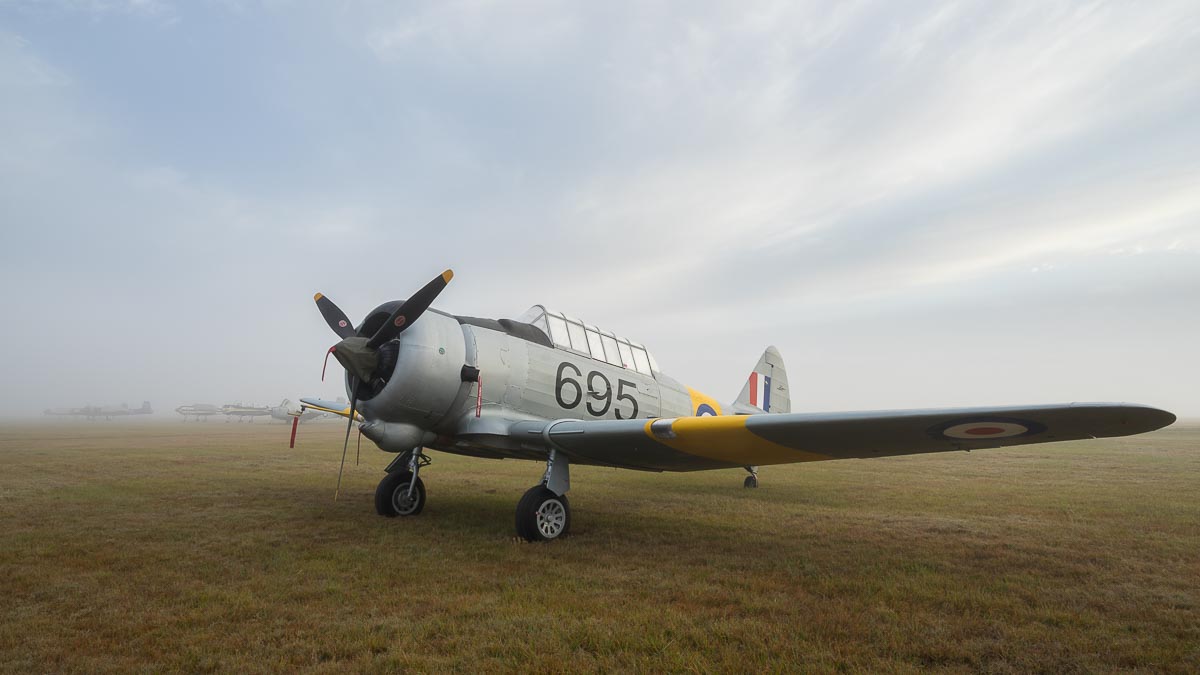 CAC CA-16 Wirraway VH-MFW in a foggy sunrise at Red Thunder 2018 airshow.