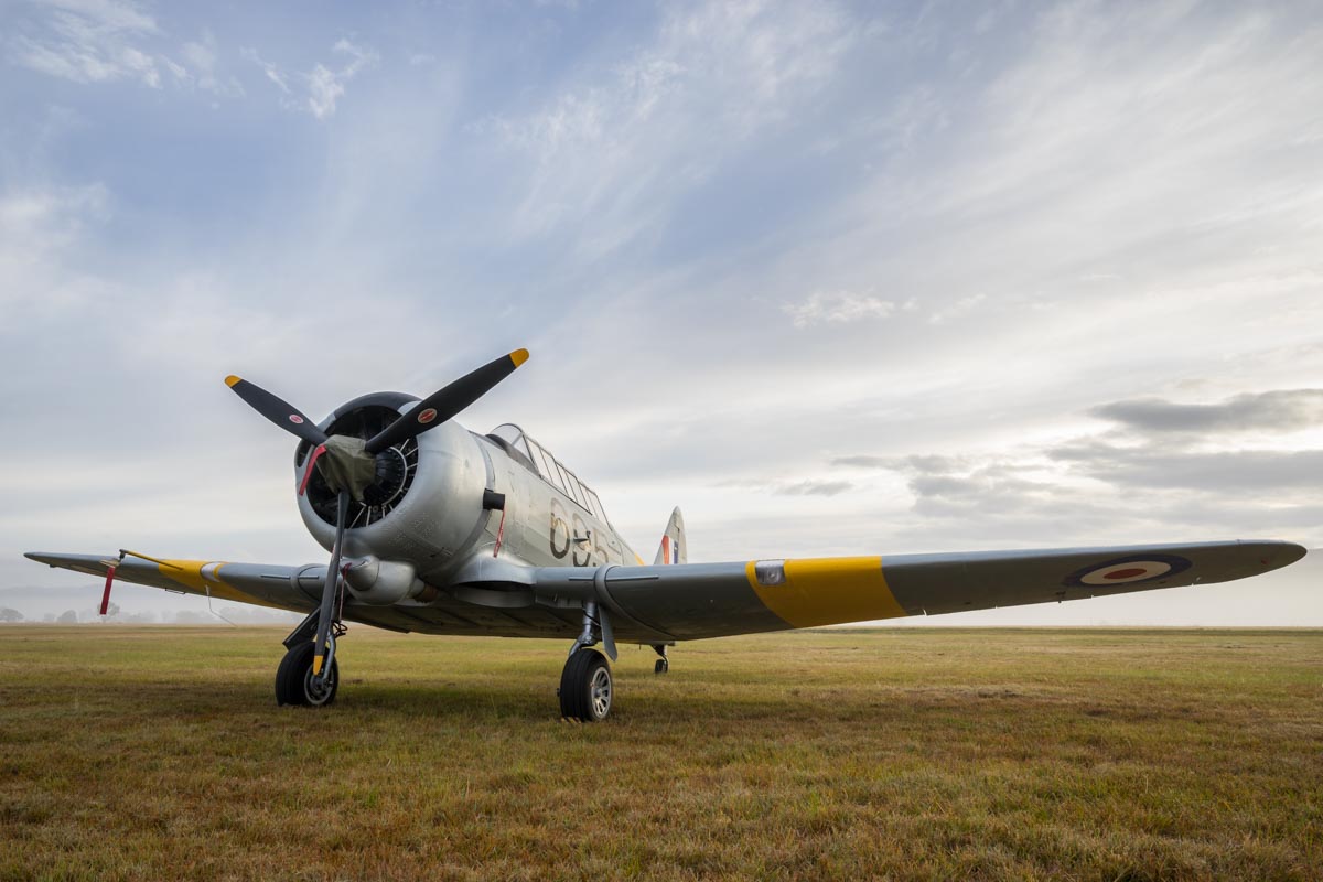 CAC CA-16 Wirraway VH-MFW in a foggy sunrise at Red Thunder 2018 airshow.