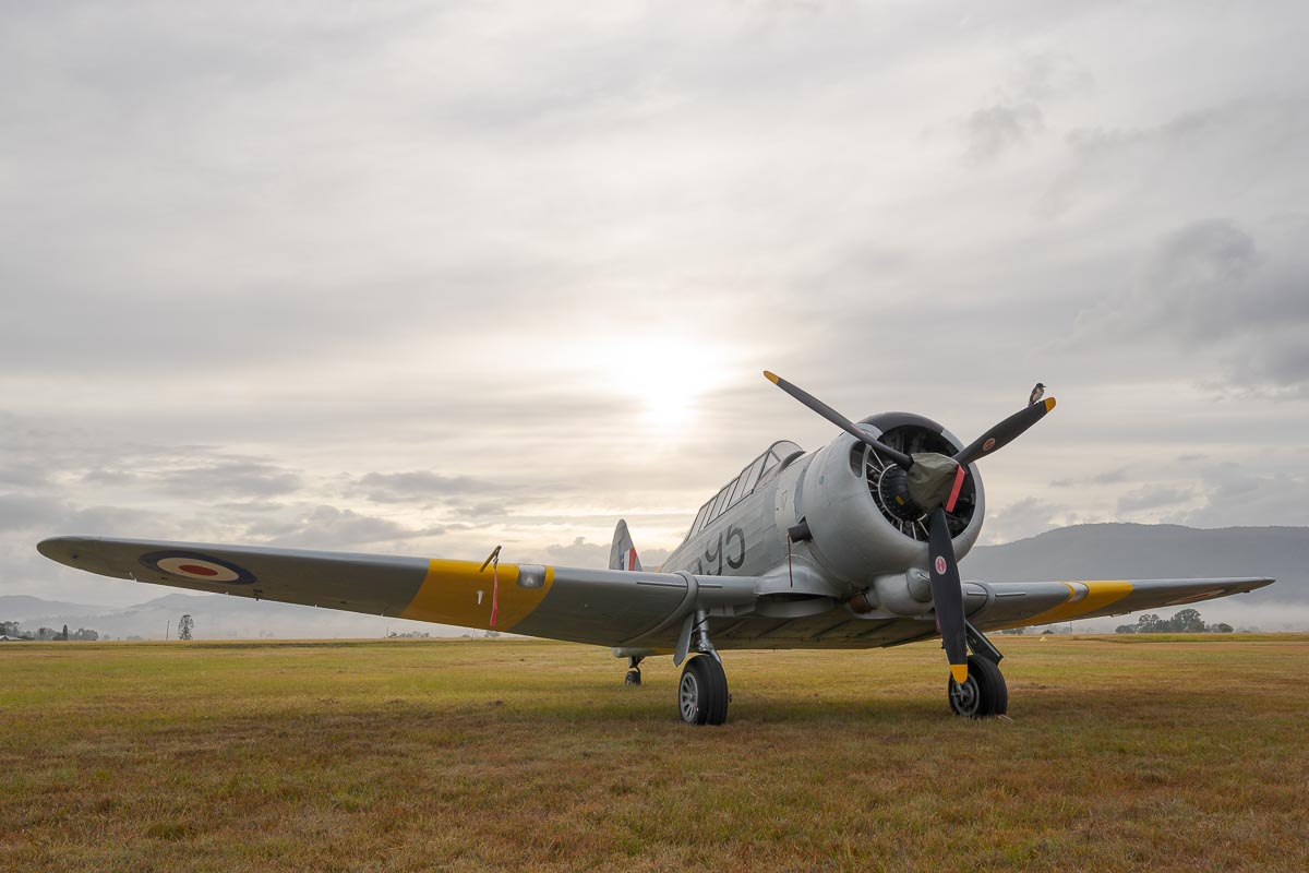 CAC CA-16 Wirraway VH-MFW in a foggy sunrise at Red Thunder 2018 airshow. A Pied Butcherbird is perching on the propeller.