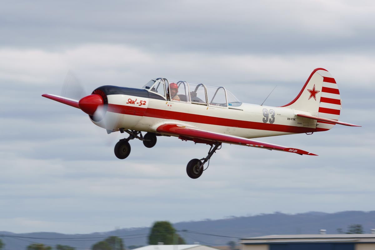 Yakovlev Yak-52 VH-YYK at takeoff at Red Thunder 2018 airshow.