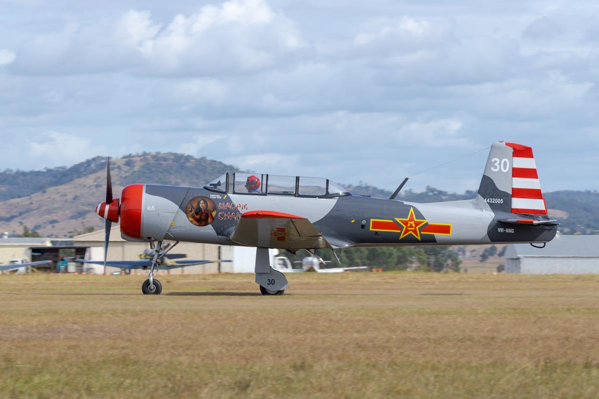 Nanchang CJ-6A VH-NNG "Madam Chang" in action at Red Thunder 2018 airshow.