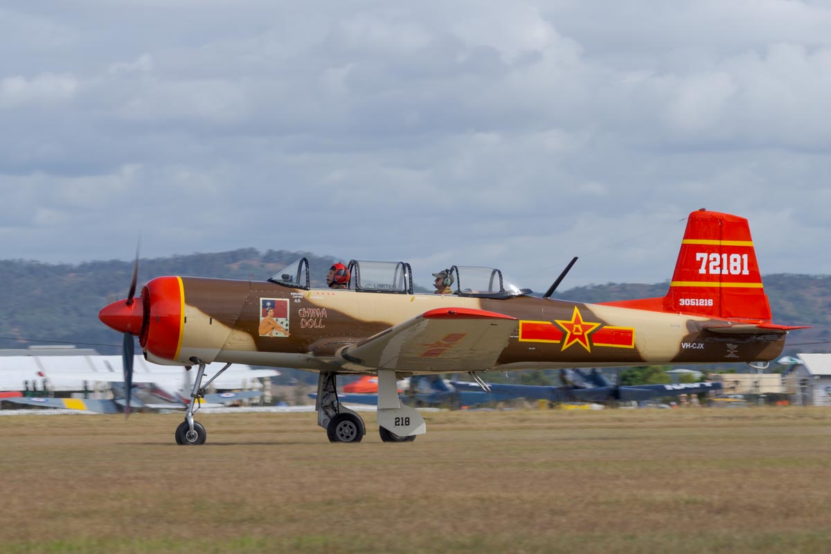 Nanchang CJ-6A VH-CJX in action at Red Thunder 2018 airshow.