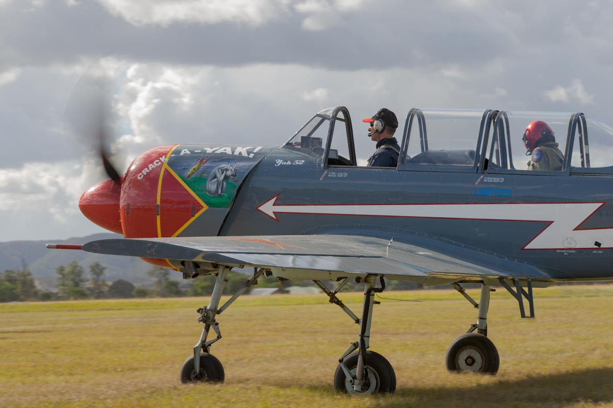 Yakovlev Yak-52 trainer VH-YYC "Crack-A-Yak" taxiing for flight at Red Thunder 2018 airshow.