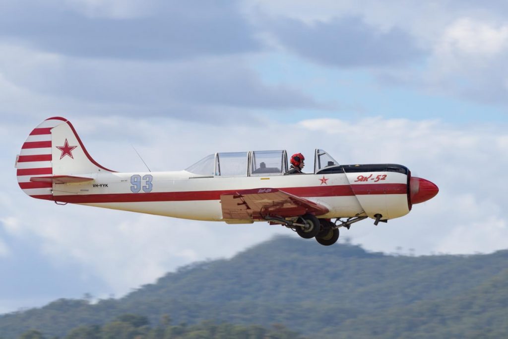 Yakovlev Yak-52 VH-YYK in flight at Red Thunder 2018 airshow.