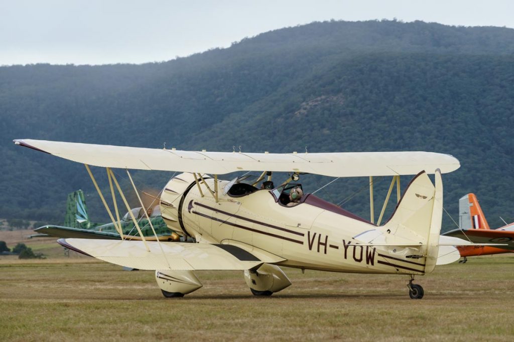 Waco YMF-5C biplane VH-YOW taxiing for a joyflight at Red Thunder 2018 airshow.