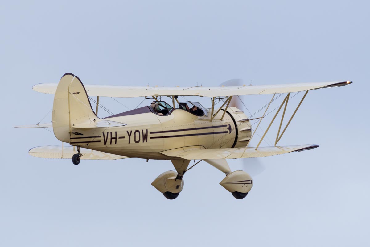 Waco YMF-5C biplane VH-YOW in flight at Red Thunder 2018 airshow.