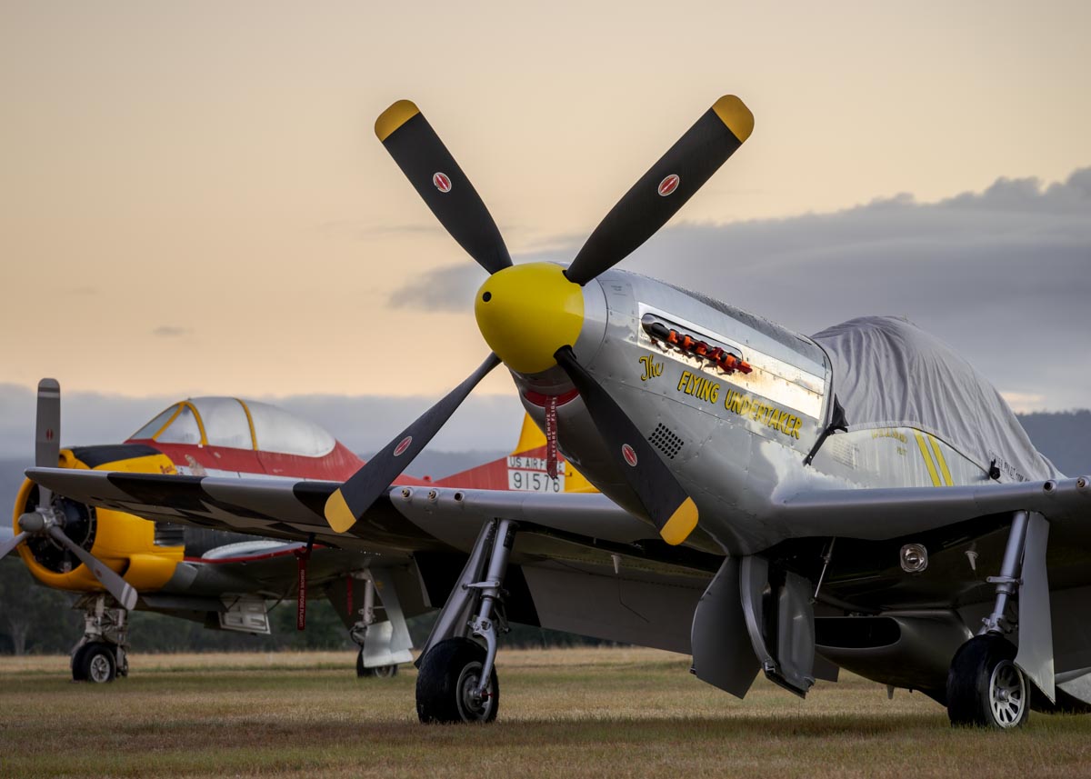North American P-51D VH-FST "The Flying Undertaker" at sunrise.