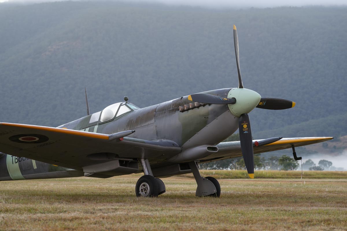 Temora Aviation Museum Supermarine Spitfire Mk XVI VH-XVI at sunrise on a foggy morning.
