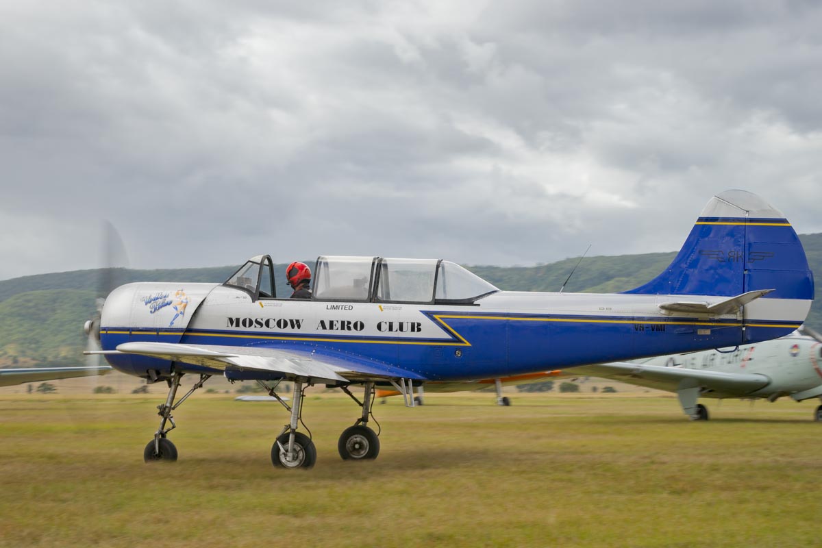 Yakovlev Yak-52 VH-VMI "Vodka Blue" in action at Red Thunder 2018 airshow.