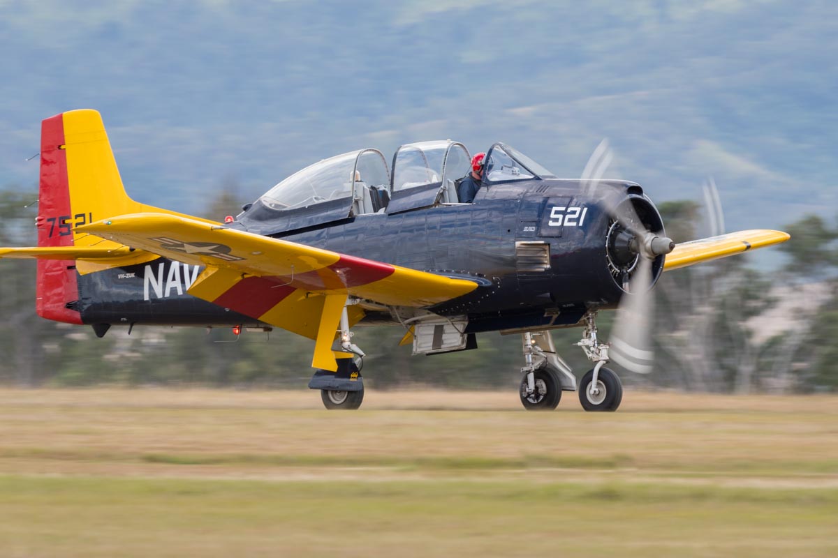 North American T-28D Trojan VH-ZUK landing at Red Thunder 2018 airshow.