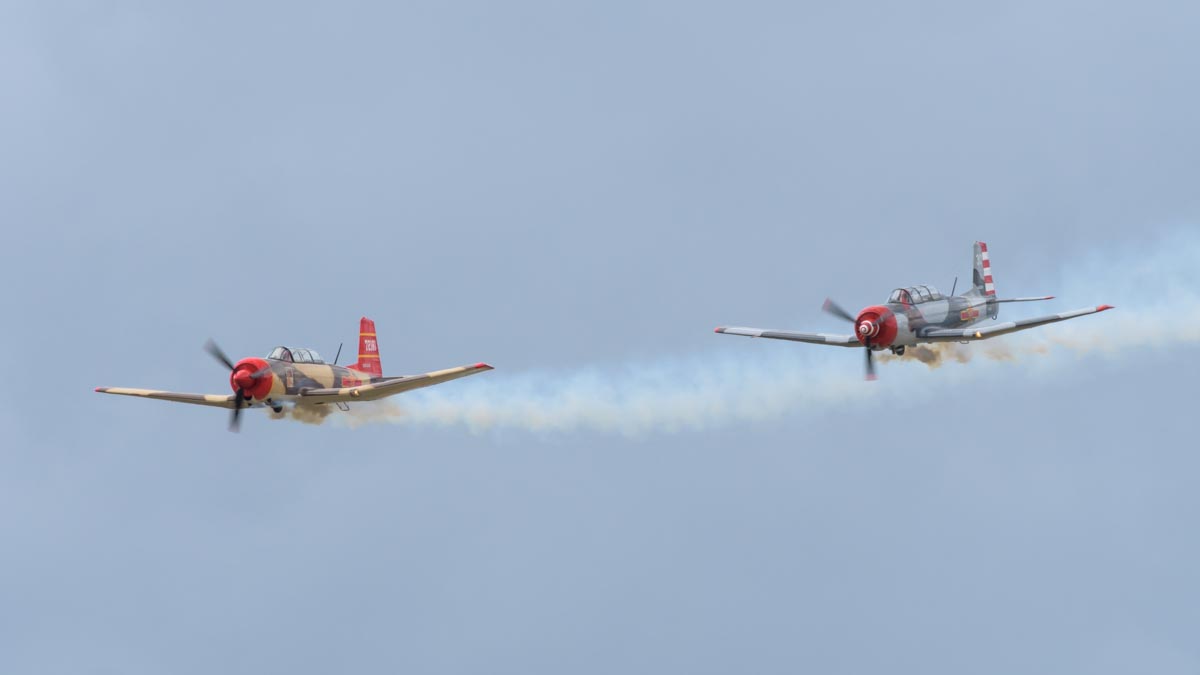 Nanchang CJ-6A VH-CJX "China Doll" and VH-NNG "Madam Chang" performing an aerobatic display.
