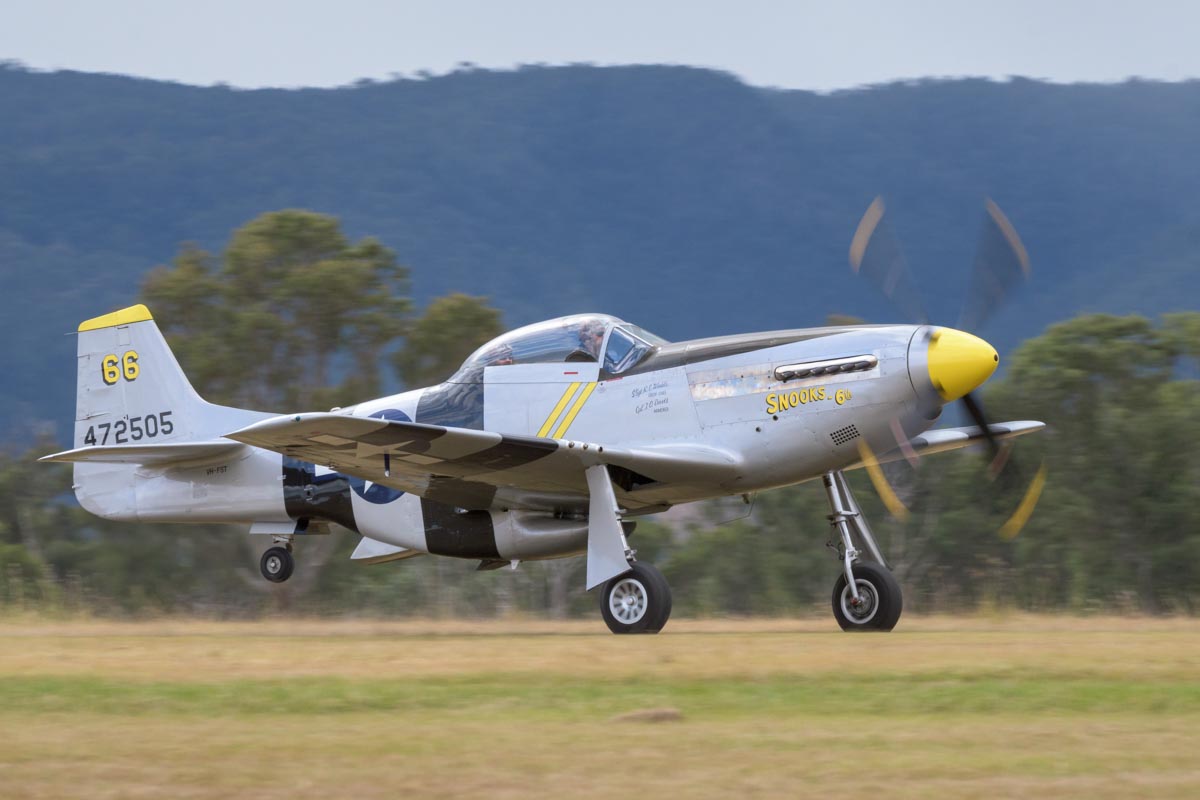 North American P-51D Mustang VH-FST taking off at Red Thunder 2018 airshow.