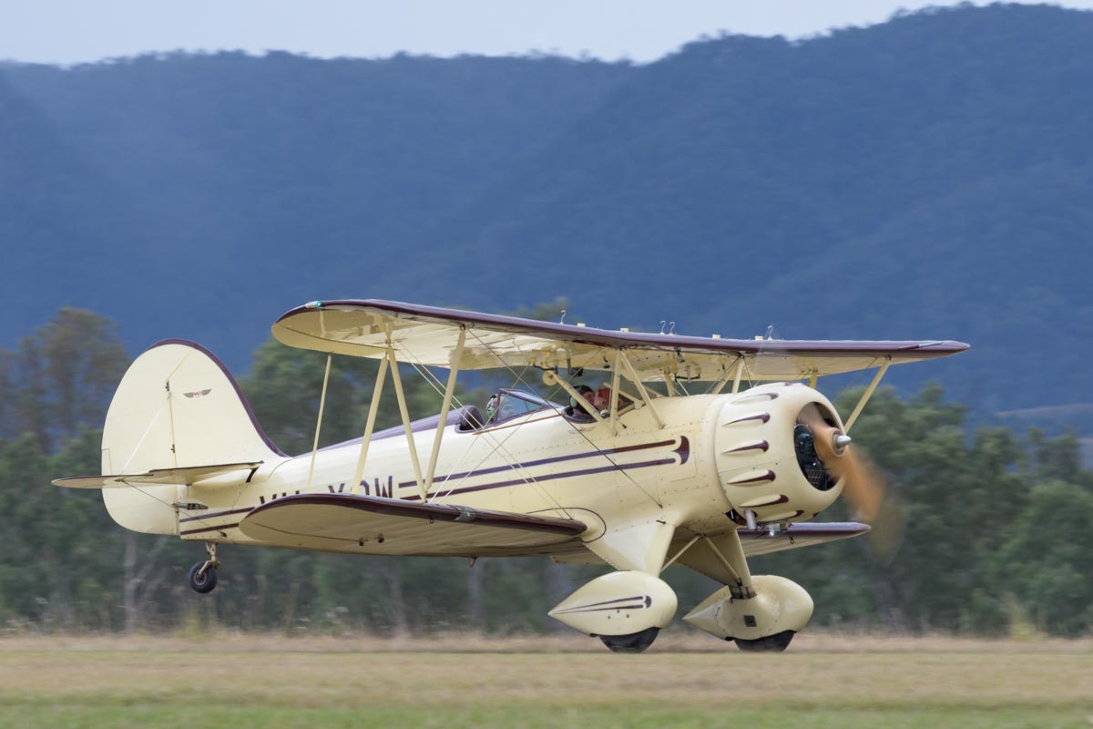 Waco YMF-5C biplane VH-YOW taking off at Red Thunder 2018 airshow.