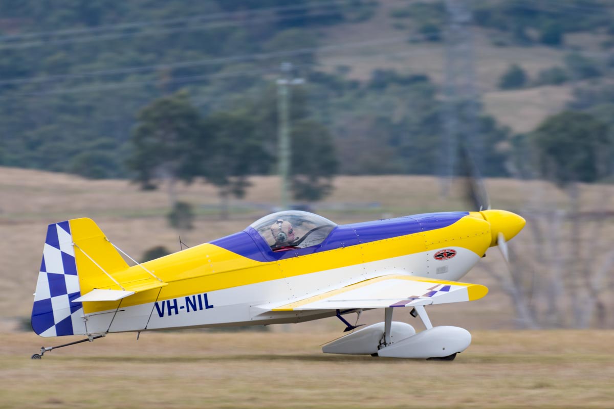Multiple Unlimited Australian aerobatic champion Alan Kilpatrick taxies his Rihn DR-107 VH-NIL after landing.