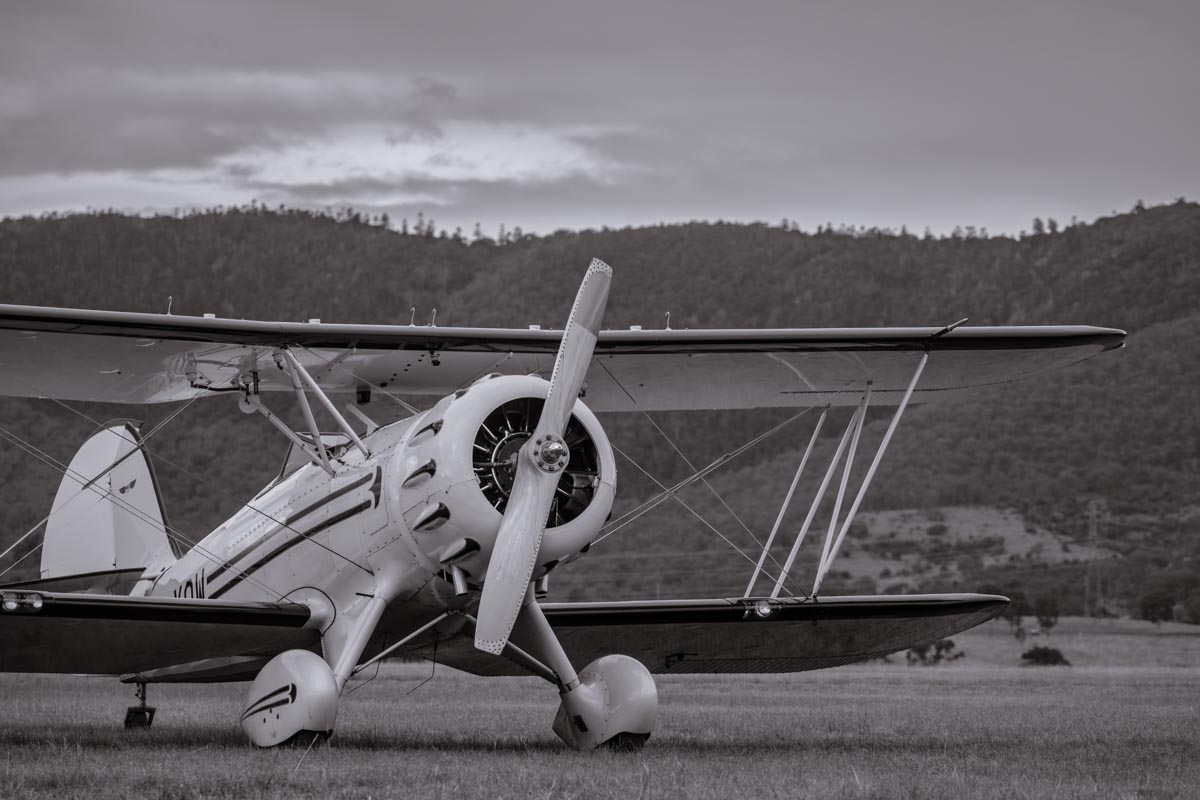 Waco YMF-5C biplane VH-YOW parked at Red Thunder 2018 airshow.