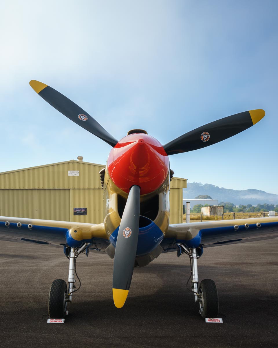 Front view of Curtiss P-40E Kittyhawk Mk IA VH-KTY at the Lismore Aviation Expo 2018 airshow.